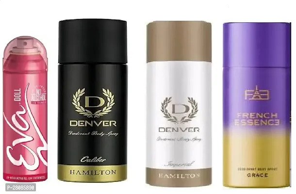 Eva Doll 40ml, Denver Caliber 50ml, Imperial 50ml, French Essence Grace 50ml (Pack of 4) body deodorant for men and women.