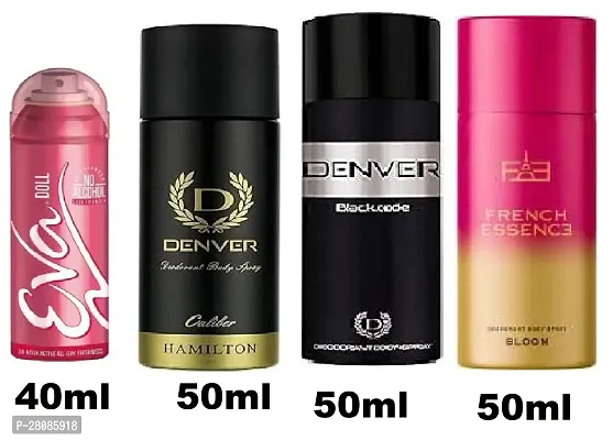 Eva Doll 40ml, Denver Caliber 50ml, Code 50ml, French Essence Bloom 50ml (Pack of 4) body deodorant for men and women.