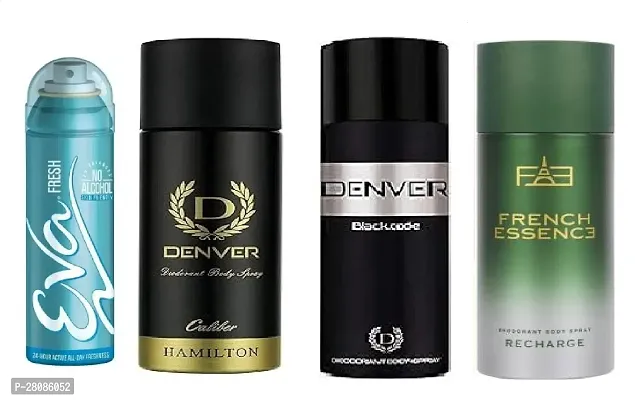 Eva Fresh 40ml, Denver Caliber 50ml, Code 50ml, French Essence Recharge 50ml (Pack of 4) body deodorants for men  women.