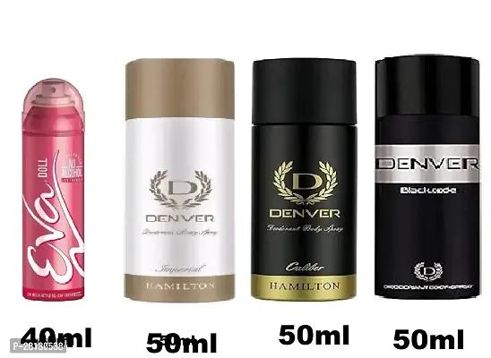 Eva Doll 40ml, Denver Imperial 50ml, Caliber 50ml, Black code 50ml (pack of 4) body deodorant s for men women-thumb0