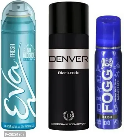 Eva Fresh 40ml, Denver Code 50ml and Fogg Relish 25ml Body Deodorants Pack of 3