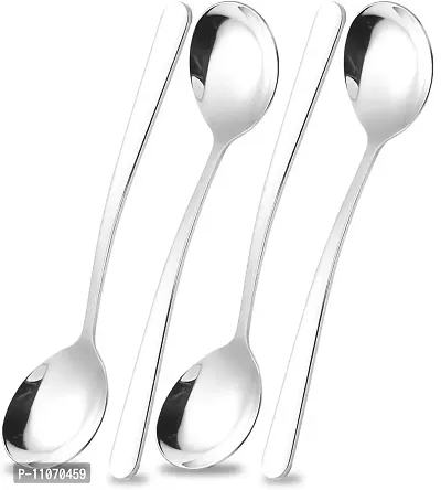 SAPIENT Soup Spoons 18/10 Stainless Steel Large and Heavy Duty Round Spoons Korean Spoons, Stainless Steel Asian Spoon, Dinner Spoons Round with Long Handle (Silver, 4)-thumb0