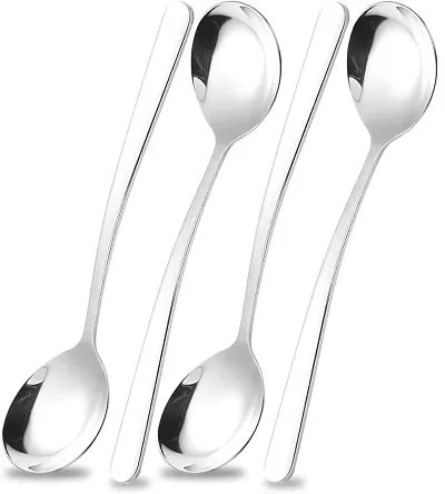 SAPIENT Soup Spoons 18/10 Stainless Steel Large and Heavy Duty Round Spoons Korean Spoons, Stainless Steel Asian Spoon, Dinner Spoons Round with Long Handle (Silver, 4)