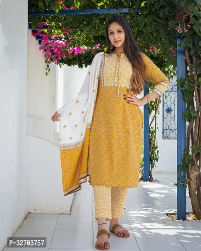 Stylish Cotton Printed Kurta, Bottom and Dupatta set-thumb0