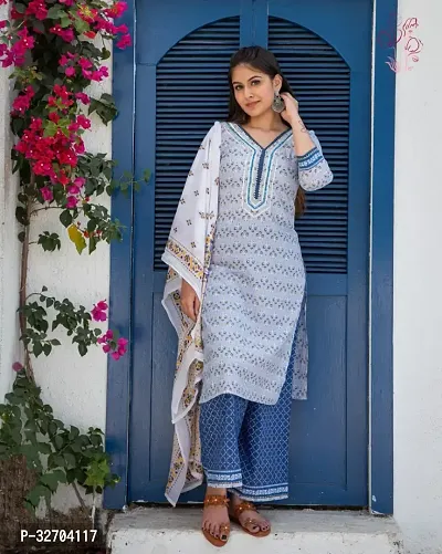 Stylish Cotton Printed Kurta, Bottom and Dupatta set-thumb0