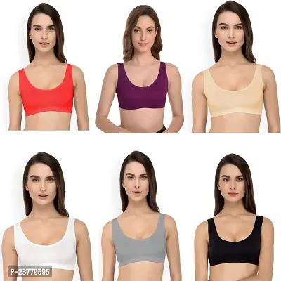 SH ENTERPRISE URV Online MART Women's 95% Cotton and 5% Spendex, Non-Padded, Non-Wired Air Sports Bra (Color:- Red-Magenta-Cream-White-Grey-Black) (Pack of 6) (Size:- Free)