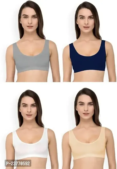 SH ENTERPRISE URV Online MART Women's 95% Cotton and 5% Spendex, Non-Padded, Non-Wired Air Sports Bra (Color:- Grey-Navy Blue-White-Cream) (Pack of 4) (Size:- 28)