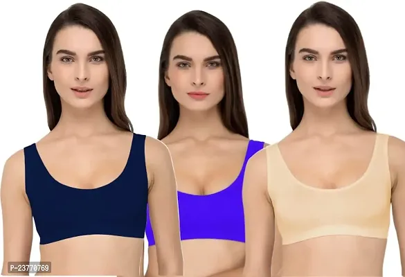 SH ENTERPRISE URV Online MART Women's 95% Cotton and 5% Spendex, Non-Padded, Non-Wired Air Sports Bra (Color:- Navy Blue-Purple-Cream) (Pack of 3) (Size:- Free)