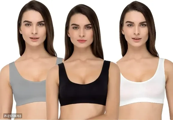 SH ENTERPRISE URV Online MART Women's 95% Cotton and 5% Spendex, Non-Padded, Non-Wired Air Sports Bra (Color:- Black-Grey-White) (Pack of 3) (Size:- Free)