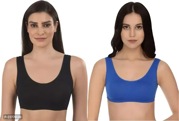 SH ENTERPRISE URV Online MART Women's 95% Cotton and 5% Spendex, Non-Padded, Non-Wired Air Sports Bra (Color:- Black  Blue) (Pack of 2) (Size:- Free)-thumb0