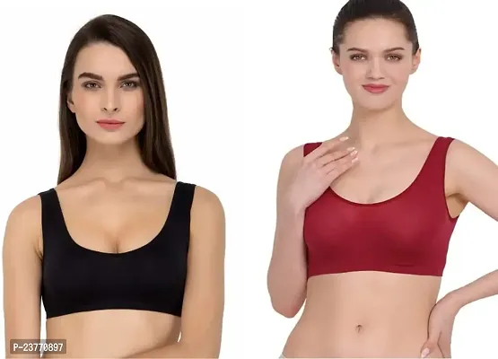 SH ENTERPRISE URV Online MART Women's 95% Cotton and 5% Spendex, Non-Padded, Non-Wired Air Sports Bra (Color:- Black  Maroon) (Pack of 2) (Size:- 30)-thumb0