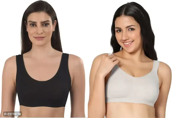 SH ENTERPRISE URV Online MART Women's 95% Cotton and 5% Spendex, Non-Padded, Non-Wired Air Sports Bra (Color:- Black  Light Grey) (Pack of 2) (Size:- 34)