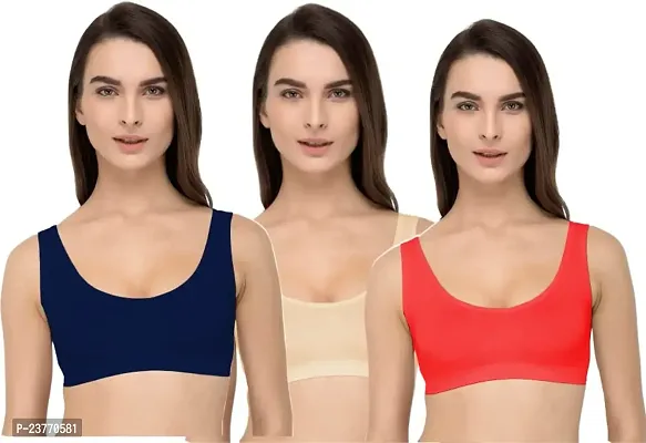 SH ENTERPRISE URV Online MART Women's 95% Cotton and 5% Spendex, Non-Padded, Non-Wired Air Sports Bra (Color:- Navy Blue-Cream-Red) (Pack of 3) (Size:- 32)-thumb0