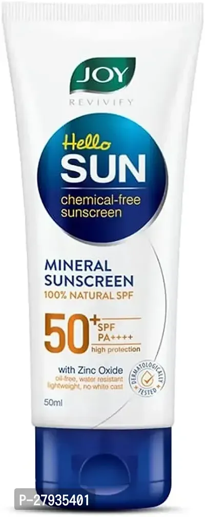 Joy Hello Sun Chemical Free Mineral Sunscreen SPF 50 PA++++ (50ml) | Lightweight, Water Resistant, Oil Free  Zero White Cast | 100% Natural SPF Sunscreen for Sensitive, Oily  Dry Skin