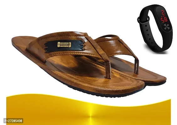 Classy Solid Slipper for Men with Watch