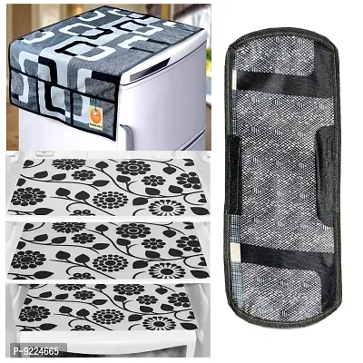 KANUSHI Industries? 1Pc Fridge Cover for Top with 6 Utility Pockets + 1 Handles Covers + 3 Fridge Mats (VAR-FRI-BLACK-BOX-TOP-COMBO-M-3)