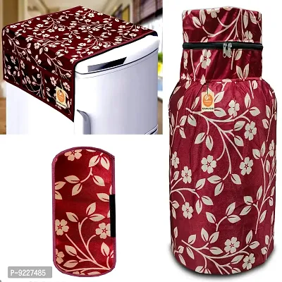 KANUSHI Industries? Washable Cotton Rose Design 1 Pc Lpg Gas Cylinder Cover+1Pc Fridge Cover/Refrigerator Cover+1 Pc Handle (CYL+FRI+1-Handle-Maroon-Raj)