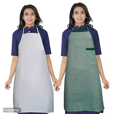 KANUSHI Industries Apron For Kitchen Waterproof With Front  Side Pocket- Set of 2 (VAR-APRN-1-PLAIN-WHITE+1-SCL-GREEN-SID)-thumb0