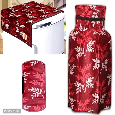 KANUSHI Industries? Washable Cotton Rose Design 1 Pc Lpg Gas Cylinder Cover+1Pc Fridge Cover/Refrigerator Cover+1 Pc Handle (CYL+FRI+1-Handle-Maroon-Small-LEVS)