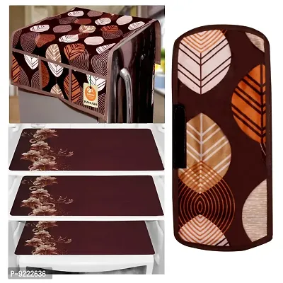 KANUSHI Industries? 1Pc Fridge Cover for Top with 6 Utility Pockets + 1 Handles Covers + 3 Fridge Mats (BROWN-LONG-LEAVES-COMBO-M-11)