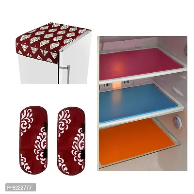 Kanushi Industries Floral Design 1 Fridge Cover for Top with 6 Utility Pockets + 2 Handles Covers + 3 Fridge Mats(6 Pieces Set)