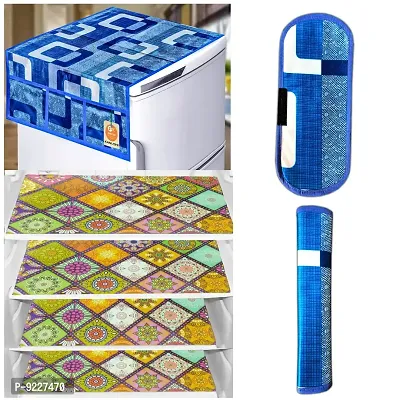 KANUSHI Industries? 1Pc Fridge Cover for Top with 6 Utility Pockets + 2 Handles Covers + 4 Fridge Mats (VAR-FRI-Blue-Box+2-Handle+M-22-04)