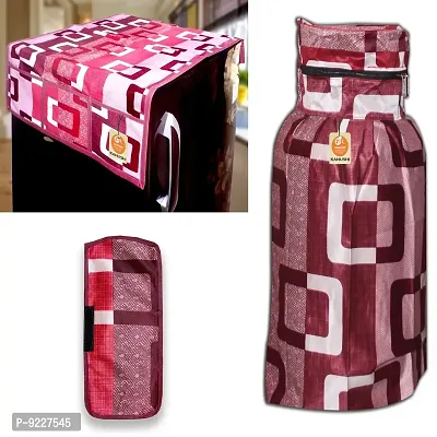 KANUSHI Industries? Washable Cotton Rose Design 1 Pc Lpg Gas Cylinder Cover+1Pc Fridge Cover/Refrigerator Cover+1 Pc Handle (CYL+FRI+1-Handle-Maroon-Box)