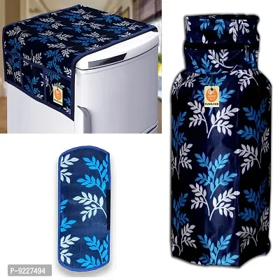 KANUSHI Industries? Washable Cotton Rose Design 1 Pc Lpg Gas Cylinder Cover+1Pc Fridge Cover/Refrigerator Cover+1 Pc Handle (CYL+FRI+1-Handle-Blue-Small-LEVS)-thumb0