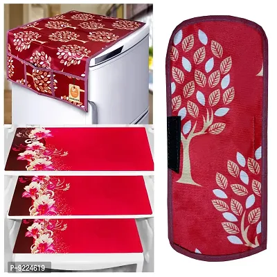 KANUSHI Industries? 1Pc Fridge Cover for Top with 6 Utility Pockets + 1 Handles Covers + 3 Fridge Mats (VAR-FRI-MAROON-TREE-COMBO-M-23)