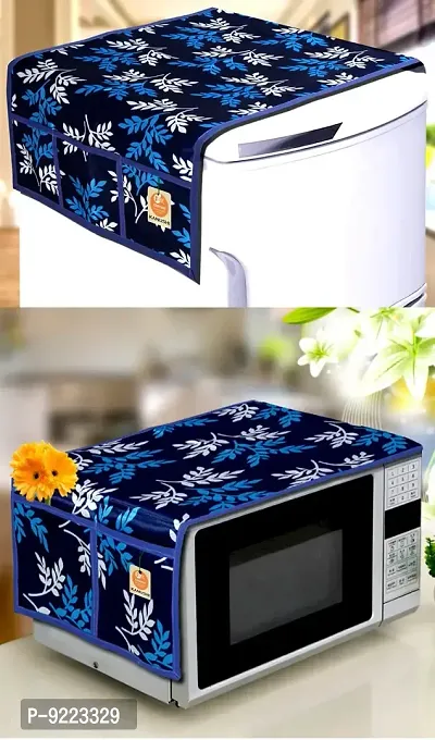 KANUSHI Industries? Microwave/Oven Top Cover with 4 Utility Pockets + 1 Pc Fridge Cover for Top (Color : Blue)(FRI+Micro-Blue-Small-Leaves)