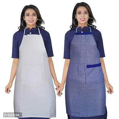 KANUSHI Industries Apron For Kitchen Waterproof With Side  Front Pocket- Set of 2 (VAR-APRN-1-PLAIN-WHITE+1-SCL-BLUE-SID)-thumb0