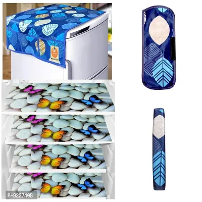 KANUSHI Industries? 1Pc Fridge Cover for Top with 6 Utility Pockets + 2 Handles Covers + 4 Fridge Mats (VAR-FRI-Long-Leave-Blue+2-Handle+M-27-04)