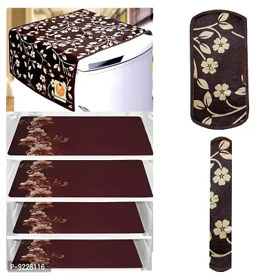 KANUSHI Industries? 1Pc Fridge Cover for Top with 6 Utility Pockets + 2 Handles Covers + 4 Fridge Mats (VAR-FRI-Brown-Raj+2-Handle+M-11-04)