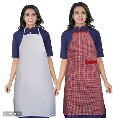 KANUSHI Industries Apron For Kitchen Waterproof With Side  Front Pocket- Set of 2 (VAR-APRN-1-PLAIN-WHITE+1-SCL-RED-SID)