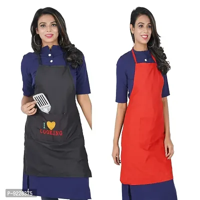 KANUSHI Industries Apron For Kitchen Waterproof With Front Pocket- Set of 2 (VAR-APRN-1-PLAIN-BLACK-COOK+1-PLAIN-RED)-thumb0