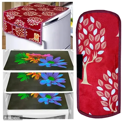 KANUSHI Industries? 1Pc Fridge Cover for Top with 6 Utility Pockets + 1 Handles Covers + 3 Fridge Mats (VAR-FRI-MAROON-TREE-COMBO-M-24)