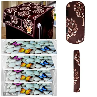 KANUSHI Industries? 1Pc Fridge Cover for Top with 6 Utility Pockets + 2 Handles Covers + 4 Fridge Mats (VAR-FRI-Brown-Tree+2-Handle+M-27-04)