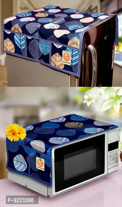 KANUSHI Industries? Microwave/Oven Top Cover with 4 Utility Pockets + 1 Pc Fridge Cover for Top (Color : Blue)(FRI+Micro-Long-Leaves-Blue)