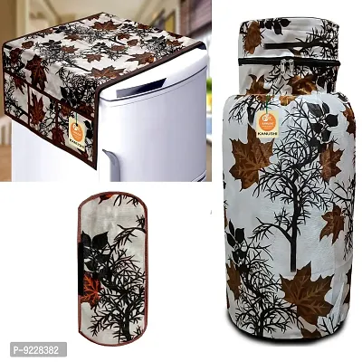 KANUSHI Industries? Washable Cotton Rose Design 1 Pc Lpg Gas Cylinder Cover+1Pc Fridge Cover/Refrigerator Cover+1 Pc Handle (CYL+FRI+1-Handle-Brown-SHUB)