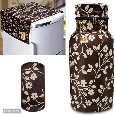 KANUSHI Industries? Washable Cotton Rose Design 1 Pc Lpg Gas Cylinder Cover+1Pc Fridge Cover/Refrigerator Cover+1 Pc Handle (CYL+FRI+1-Handle-Brown-Raj)-thumb0