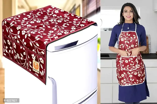 KANUSHI Industries? 1Pc Fridge Cover/Refrigerator top Cover for Top with 6 Utility Pockets+1 pc Apron (FRI+Apron-Maroon-Raj)