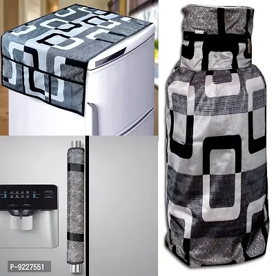 KANUSHI Industries? Washable Cotton Rose Design 1 Pc Lpg Gas Cylinder Cover+1Pc Fridge Cover/Refrigerator Cover+1 Pc Handle (CYL+FRI+1-Handle-Black-Box)