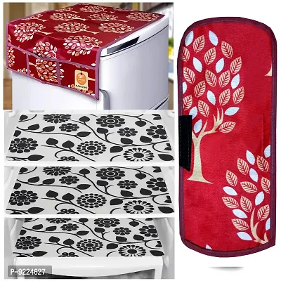 KANUSHI Industries? 1Pc Fridge Cover for Top with 6 Utility Pockets + 1 Handles Covers + 3 Fridge Mats (VAR-FRI-MAROON-TREE-COMBO-M-3)