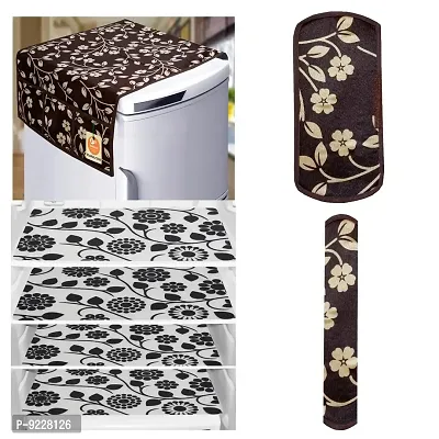 KANUSHI Industries? 1Pc Fridge Cover for Top with 6 Utility Pockets + 2 Handles Covers + 4 Fridge Mats (VAR-FRI-Brown-Raj+2-Handle+M-3-04)