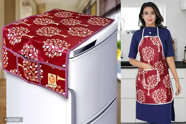 KANUSHI Industries? 1Pc Fridge Cover/Refrigerator top Cover for Top with 6 Utility Pockets+1 pc Apron (FRI+Apron-Maroon-Tree)