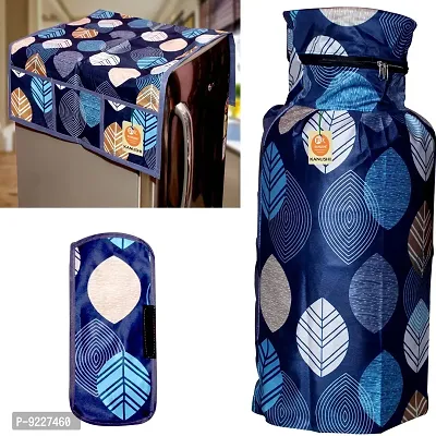 KANUSHI Industries? Washable Cotton Rose Design 1 Pc Lpg Gas Cylinder Cover+1Pc Fridge Cover/Refrigerator Cover+1 Pc Handle (CYL+FRI+1-Handle-Blue-Long-LEVS)