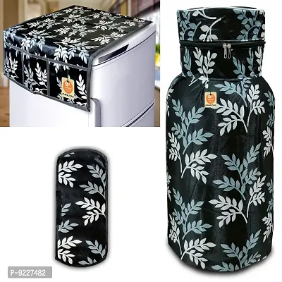 KANUSHI Industries? Washable Cotton Rose Design 1 Pc Lpg Gas Cylinder Cover+1Pc Fridge Cover/Refrigerator Cover+1 Pc Handle (CYL+FRI+1-Handle-Black-Small-LEVS)-thumb0