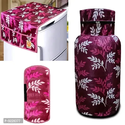 KANUSHI Industries? Washable Cotton Rose Design 1 Pc Lpg Gas Cylinder Cover+1Pc Fridge Cover/Refrigerator Cover+1 Pc Handle (CYL+FRI+1-Handle-Wine-Small-LEVS)-thumb0