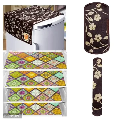 KANUSHI Industries? 1Pc Fridge Cover for Top with 6 Utility Pockets + 2 Handles Covers + 4 Fridge Mats (VAR-FRI-Brown-Raj+2-Handle+M-22-04)