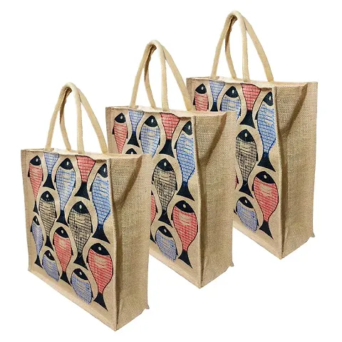 Pack Of 3 Printed Design Shoulder Jute Bags